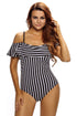 Sexy Black White Stripes Frill One-piece Swimwear